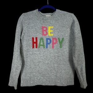 St Johns Bay - BE HAPPY - Graphic Sweater Womens Petite Small PS Grey Crewneck